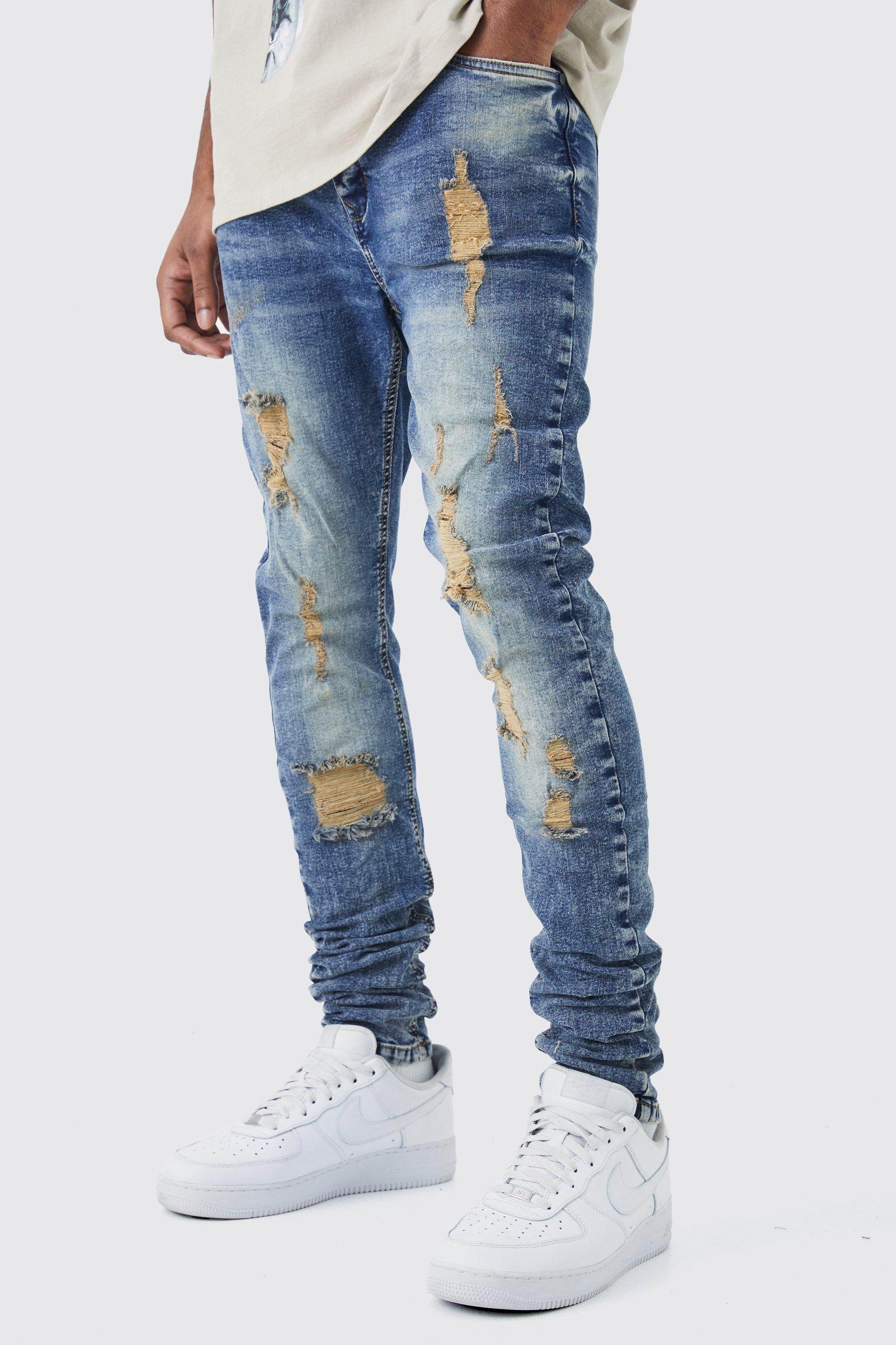 Mens Blue Tall Skinny Stretch Ripped Jean, Blue